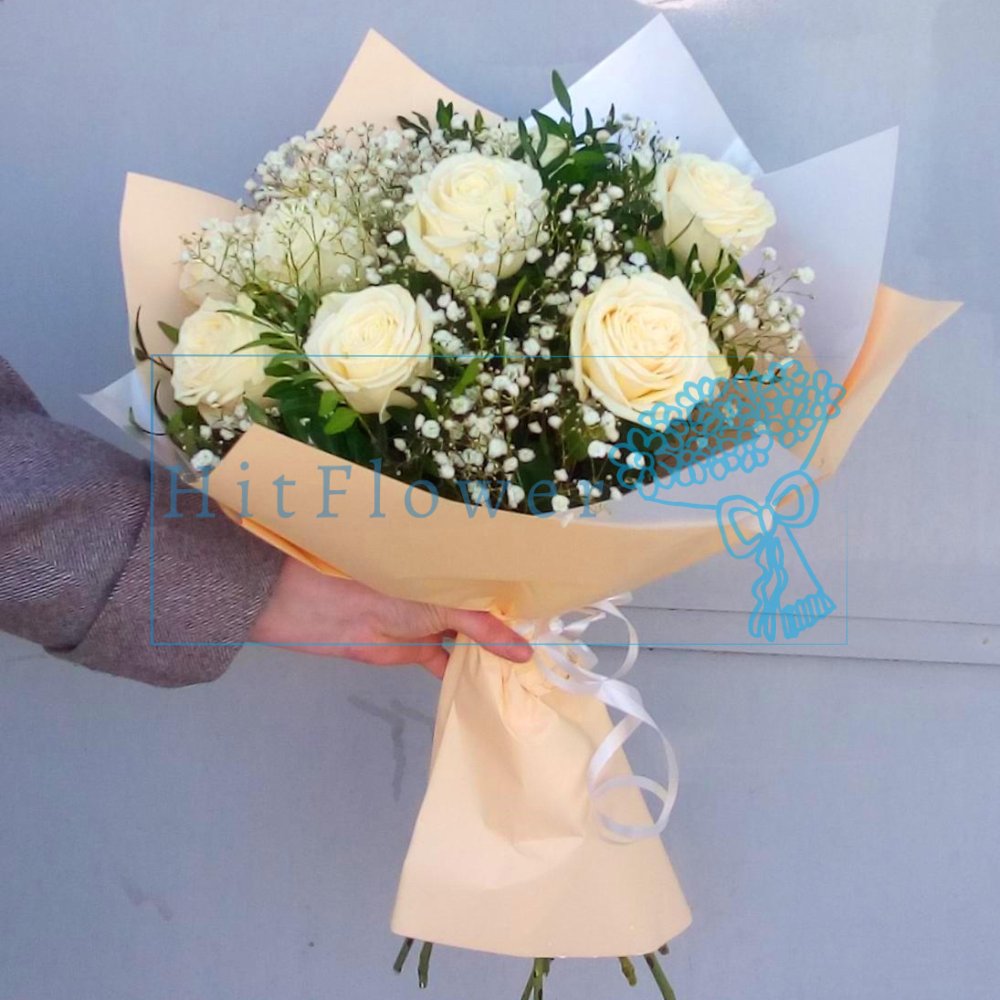 Букет цветов Белые розы в зелени Букет цветов из: Розы